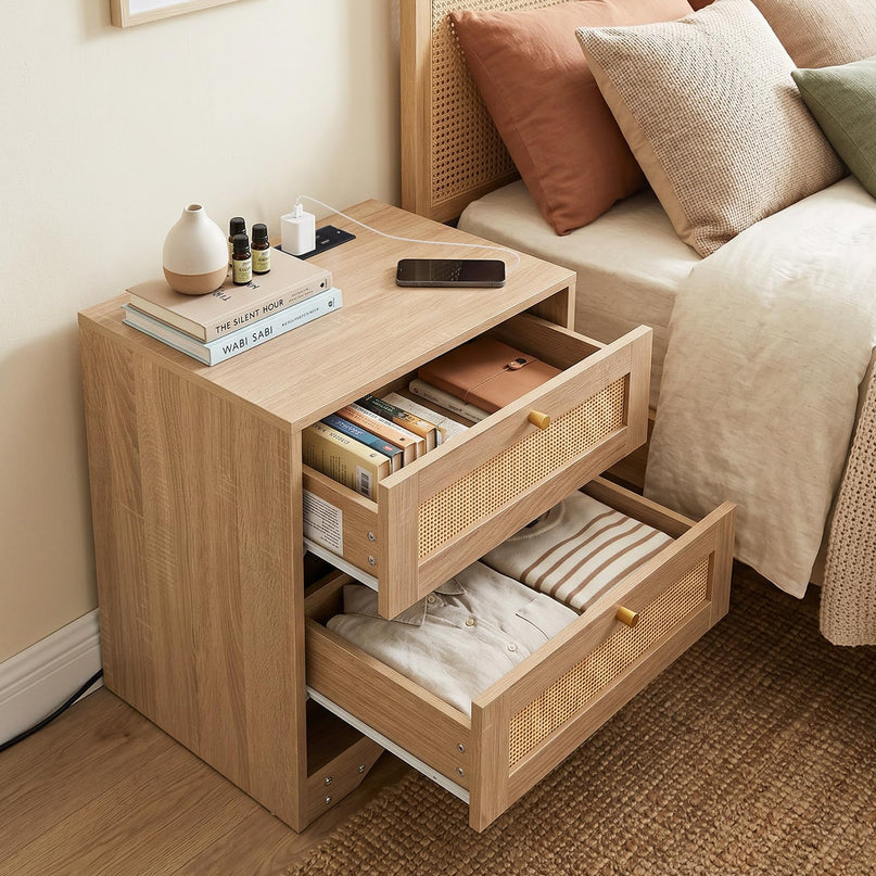 GIANTEX Rattan Nightstand with Charging Station for Bedroom