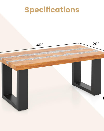 Giantex Teak Outdoor Coffee Table, Rectangular Resin Side Table with River Feel Epoxy Tabletop