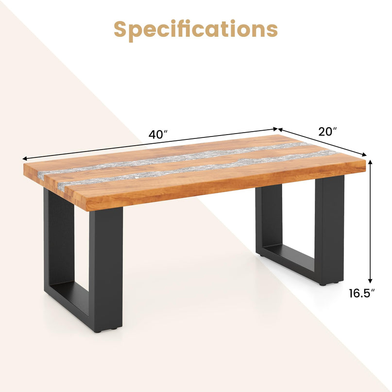 Giantex Teak Outdoor Coffee Table, Rectangular Resin Side Table with River Feel Epoxy Tabletop