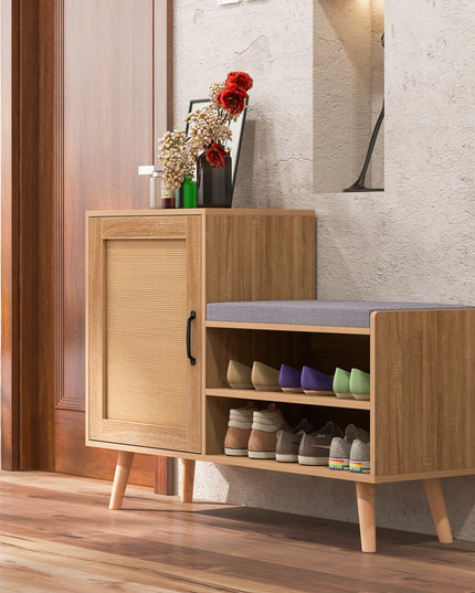 Giantex Shoe Cabinet with Shoe Bench - Rattan Shoe Storage Cabinet, Shoe Rack Organizer for 10-12 Pairs