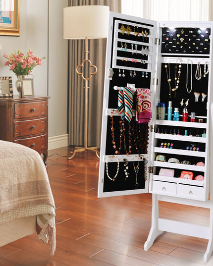 Giantex 57.5"H 2 LEDs Standing Jewelry Cabinet with Full Length Mirror with 2 Drawers, 4 Adjustable Angles, Jewelry Storage Organizer