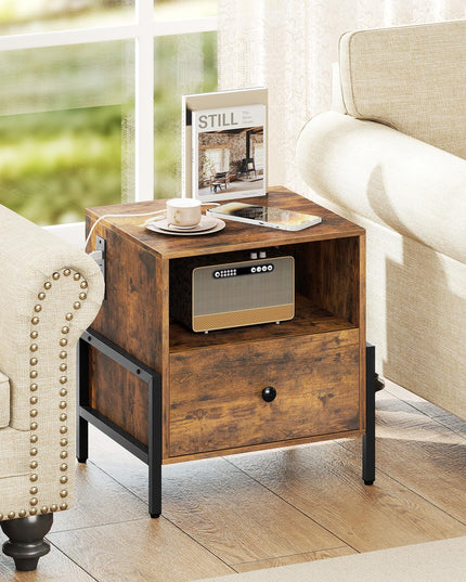 Giantex Industrial End Table with Charging Station & Storage Drawer