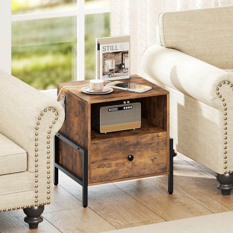 Giantex Industrial End Table with Charging Station & Storage Drawer