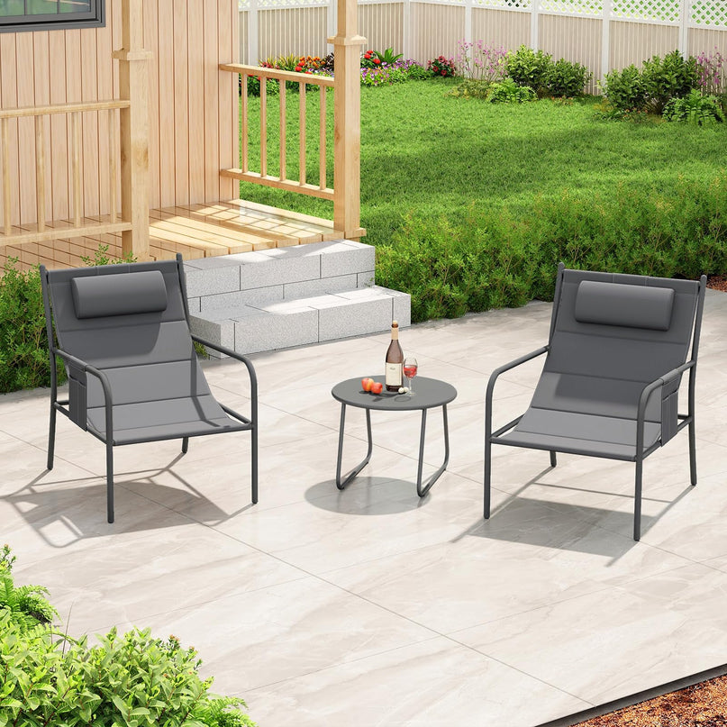 Giantex 3 Piece Patio Bistro Set, Outdoor Metal Chairs Set of 2 with Coffee Table, Breathable Fabric Seats