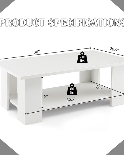Giantex Wood Coffee Table w/Storage Shelf, 36"L 2-Tier Large Modern Tea Table, White