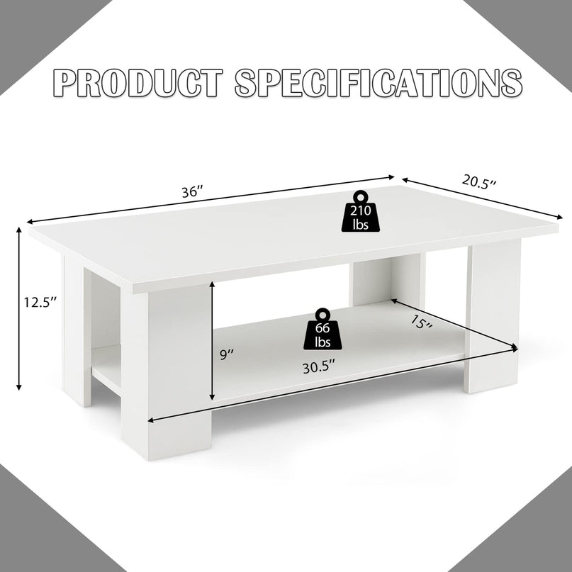 Giantex Wood Coffee Table w/Storage Shelf, 36"L 2-Tier Large Modern Tea Table, White