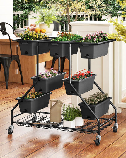 Giantex Rolling Raised Garden Bed w/ 7 Planter Boxes, Storage Baskets, Drainage Holes