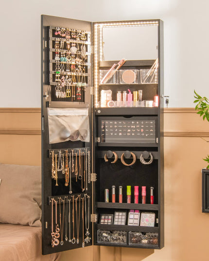 CHARMAID Wall/Door Mounted Jewelry Armoire with 3-Color LED Lights, 47.2"H Full Length Mirror