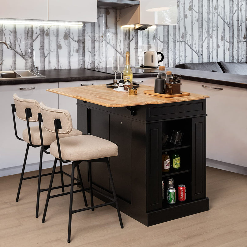Giantex Kitchen Island with Drop Leaf, Rubber Wood Top, 2 Drawers, Storage Cabinets