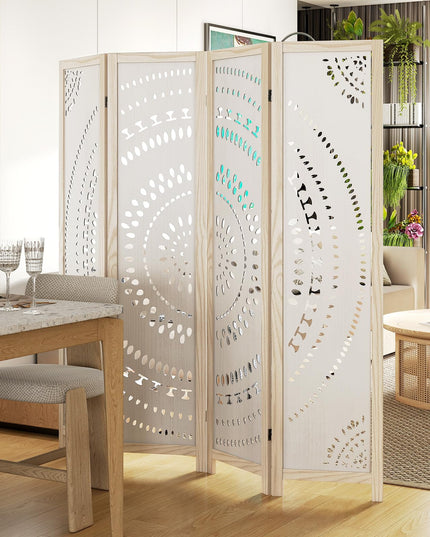 Giantex Room Divider 4 Panels - 66'' Boho Room Dividers with Carved Pattern & Solid Wood Frame