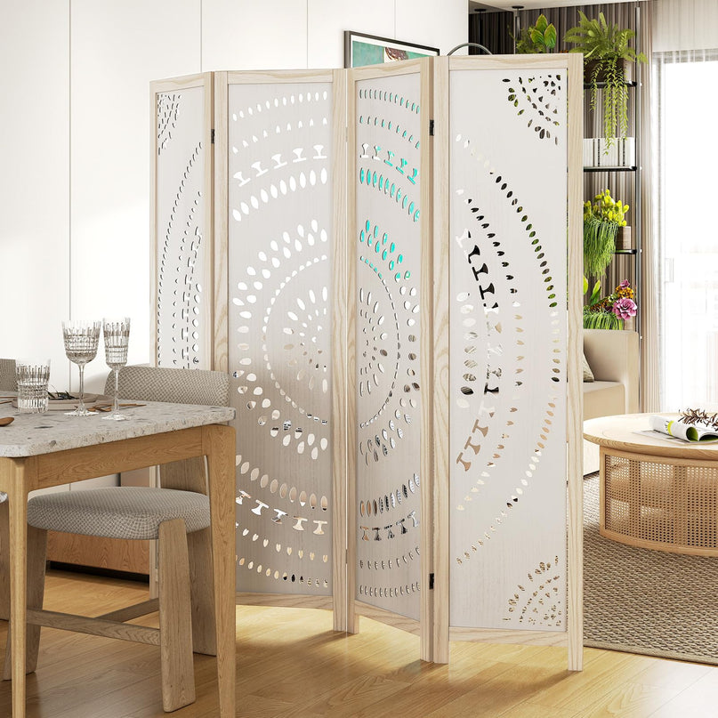 Giantex Room Divider 4 Panels - 66'' Boho Room Dividers with Carved Pattern & Solid Wood Frame