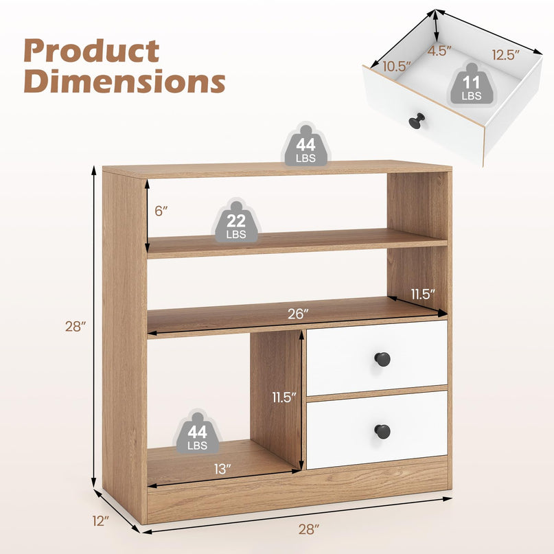 Giantex 4-Tier Bookshelf w/3 Open Compartments & 2 Detachable Fabric Drawers