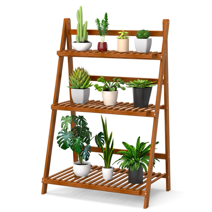Giantex 3 Tier Folding Storage Shelf, Bamboo Ladder Plant Stand