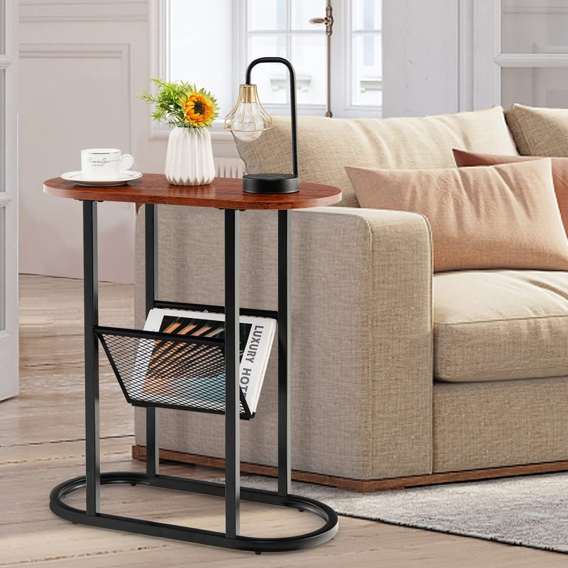 Giantex Oval Narrow Side Table, Small End Table with Magazine Rack Sling Holder Pouch