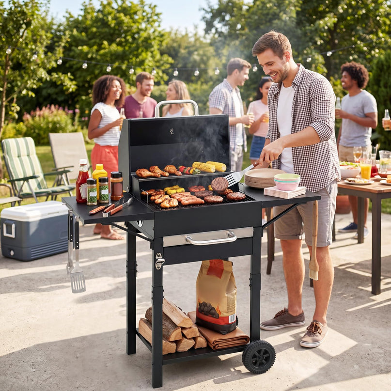 Giantex Charcoal Grill with 2 Side Tables for Backyard Picnic Party Camping