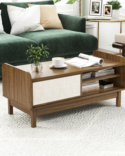 Giantex Coffee Table with Storage and Sliding Doors, Mid-Century Modern Coffee Table with Adjustable & Removable Shelf