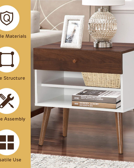 Nightstand with Drawer and Storage Shelves & Rubber Wood Legs, Brown&White