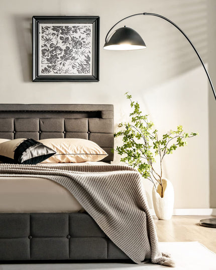 Giantex Queen Bed Frame with LED Lights and 4 Drawers, Upholstered Platform Bed Frame with USB Ports