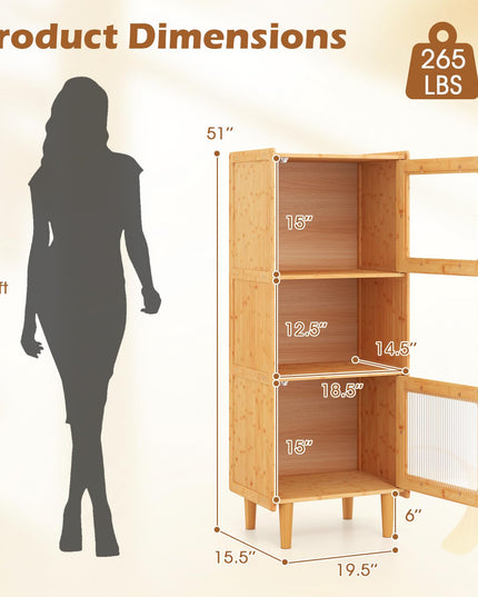 Giantex Bamboo Storage Cabinet, 3-Cube Bookcase, Freestanding Liquor Display Sideboard with 2 Single Doors