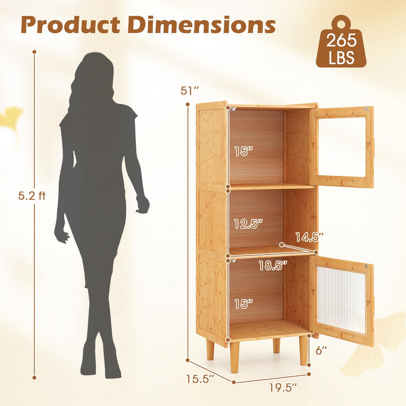 Giantex Bamboo Storage Cabinet, 3-Cube Bookcase, Freestanding Liquor Display Sideboard with 2 Single Doors