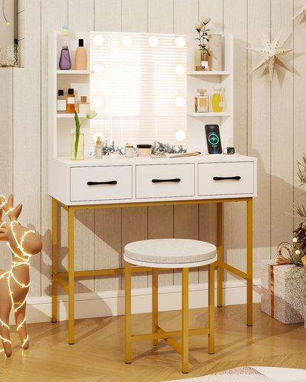 Makeup Vanity Desk with Lighted Mirror & Charging Station