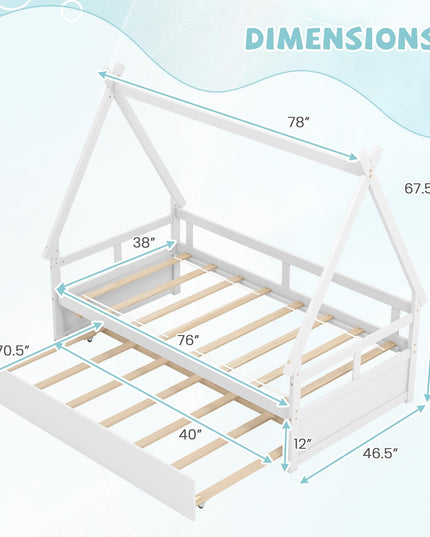 Giantex Twin House Bed with Trundle, Wood Montessori Tent Bed Frame with Safety Guardrail
