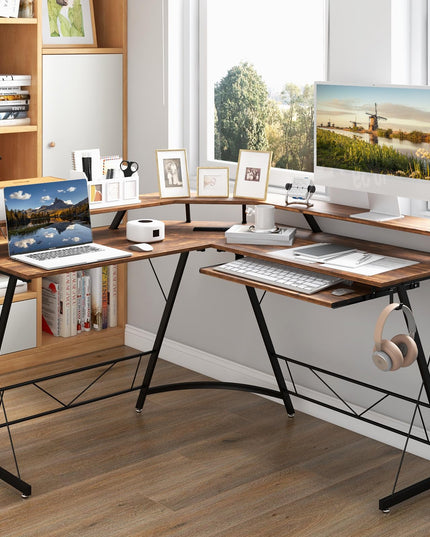 Giantex L Shaped Computer Desk with Power Outlet, 51" Corner Computer Desk with Monitor Stand and Reversible Keyboard Tray