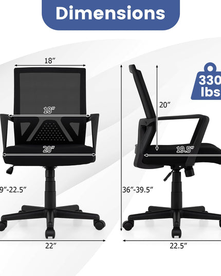 Chaise de bureau Giantex avec support lombaire, chaise de bureau ergonomique en maille avec roulettes et accoudoirs