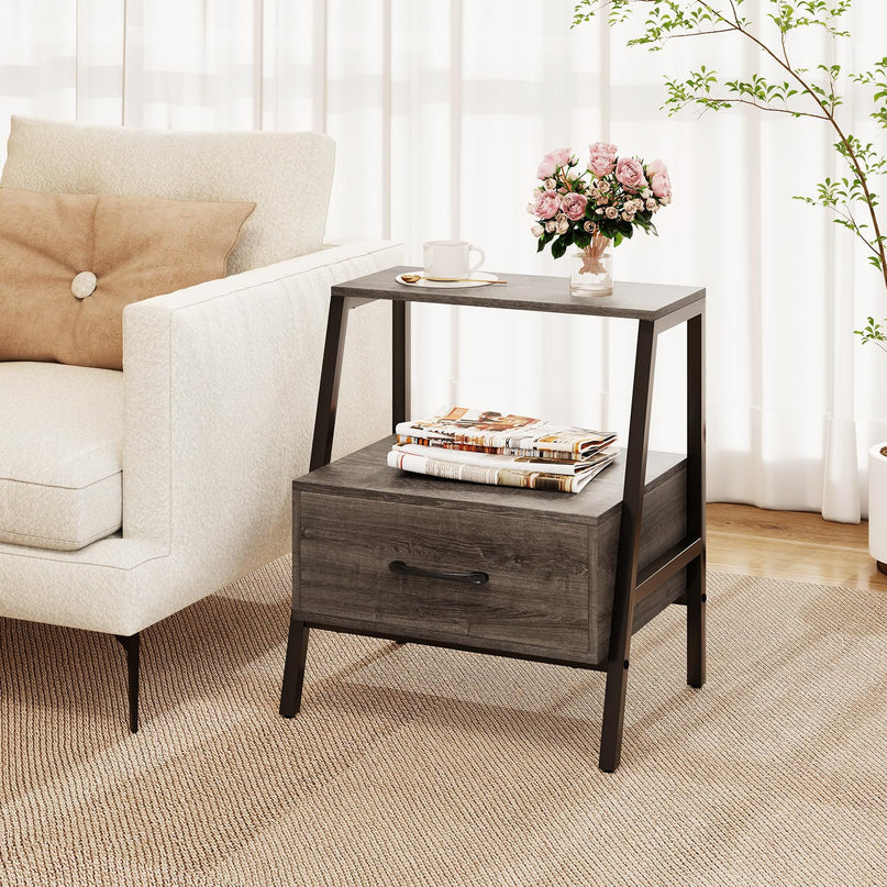 Giantex 3-Tier Farmhouse Nightstand with Drawer and Open Shelf