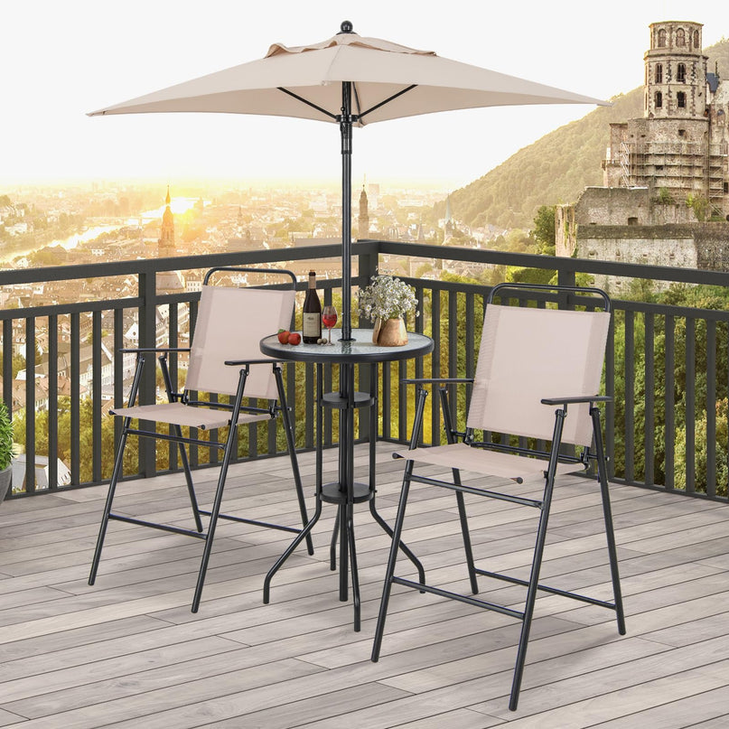 Giantex 4-Piece Outdoor Bar Set, Round High Top Bar Table with 2 Folding Counter Height Chairs & Umbrella