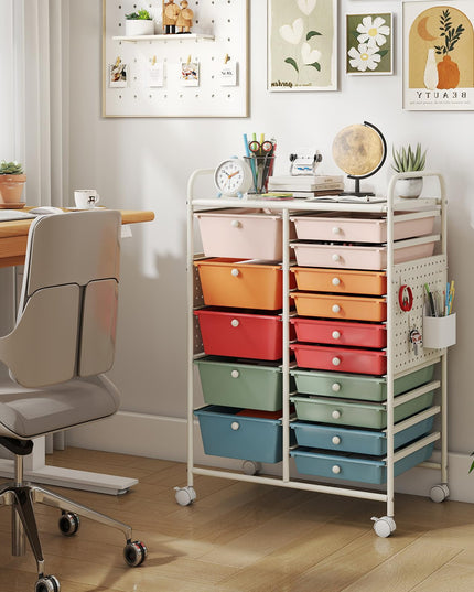 Giantex 15 Drawer Rolling Storage Cart with Metal Tabletop & Pegboard