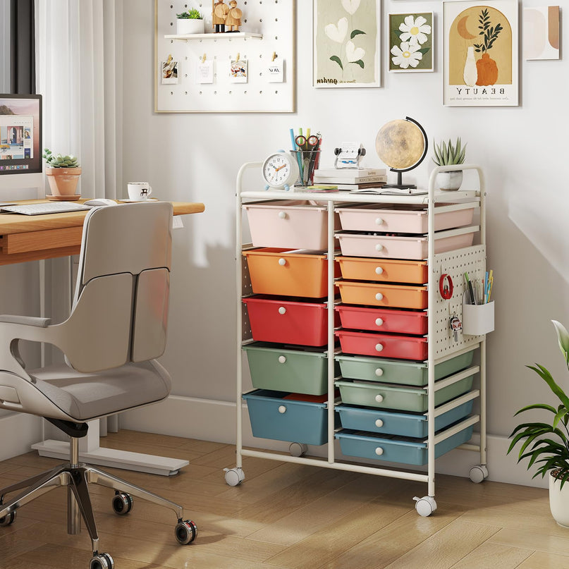 Giantex 15 Drawer Rolling Storage Cart with Metal Tabletop & Pegboard