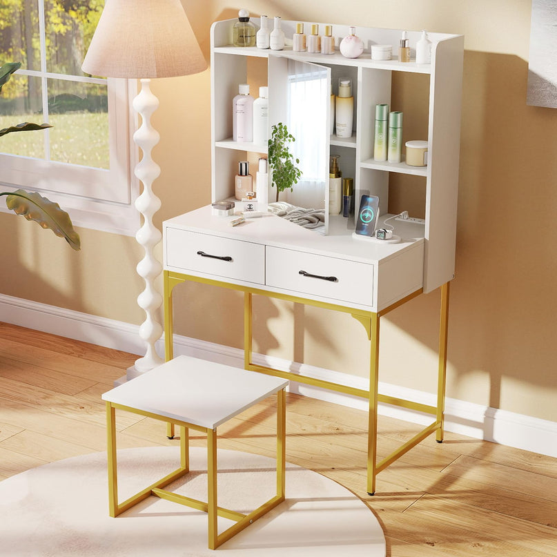Vanity Desk with Charging Station for Bedroom