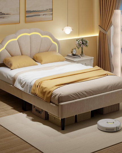 Giantex Full Size LED Bed Frame, Velvet Upholstered Full Platform Bed with Adjustable Cloud Headboard