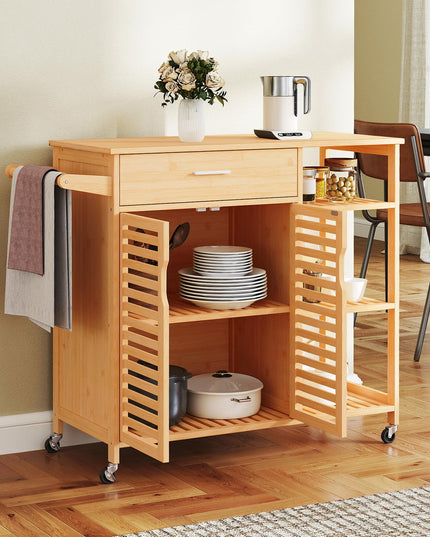 Giantex Bamboo Kitchen Island Cart with Drawer and Storage Cabinet