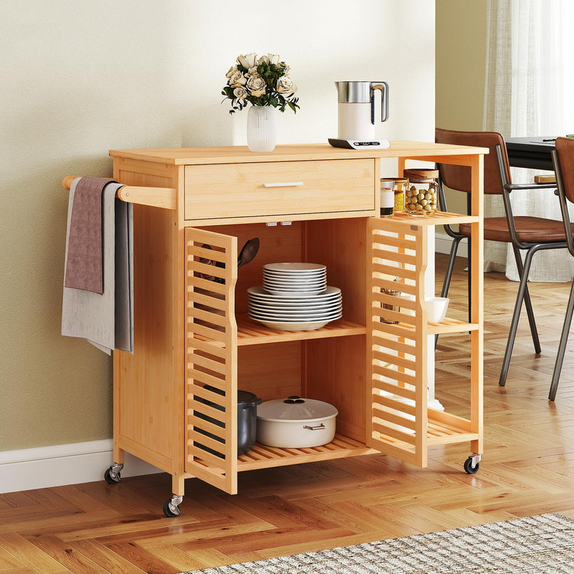 Giantex Bamboo Kitchen Island Cart with Drawer and Storage Cabinet