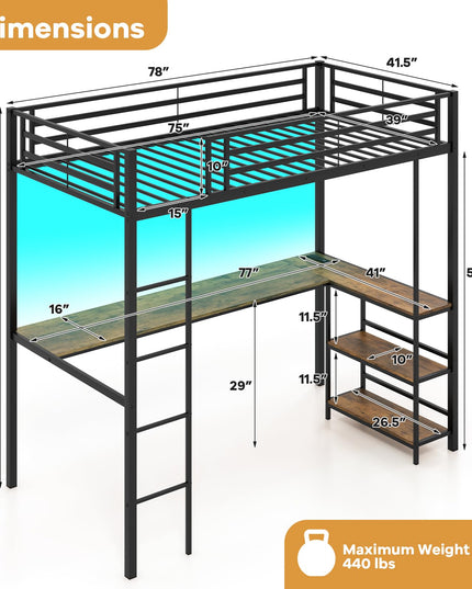 Giantex Twin Loft Bed with L-Shaped Desk, Metal Loft Bed Frame with LED Lights