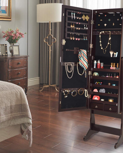 Giantex 57.5"H 2 LEDs Standing Jewelry Cabinet with Full Length Mirror with 2 Drawers, 4 Adjustable Angles, Jewelry Storage Organizer