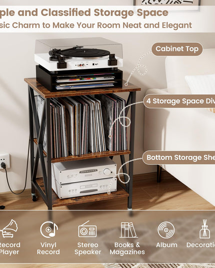 Giantex Record Player Stand with Charging Station, Turntable Stand with Record Storage & 4 Rolling Wheels