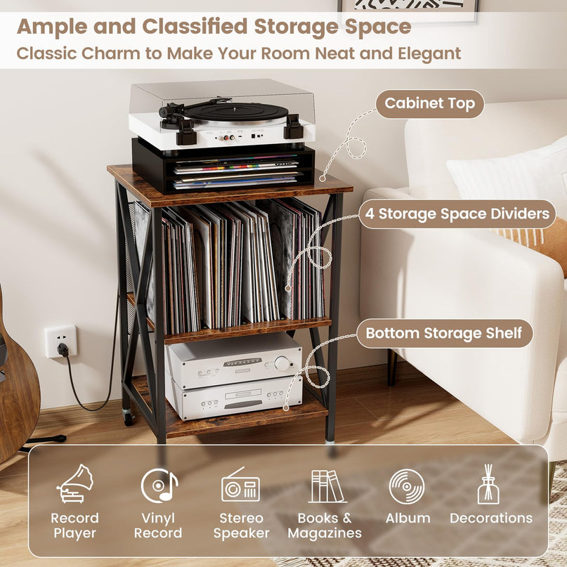 Giantex Record Player Stand with Charging Station, Turntable Stand with Record Storage & 4 Rolling Wheels