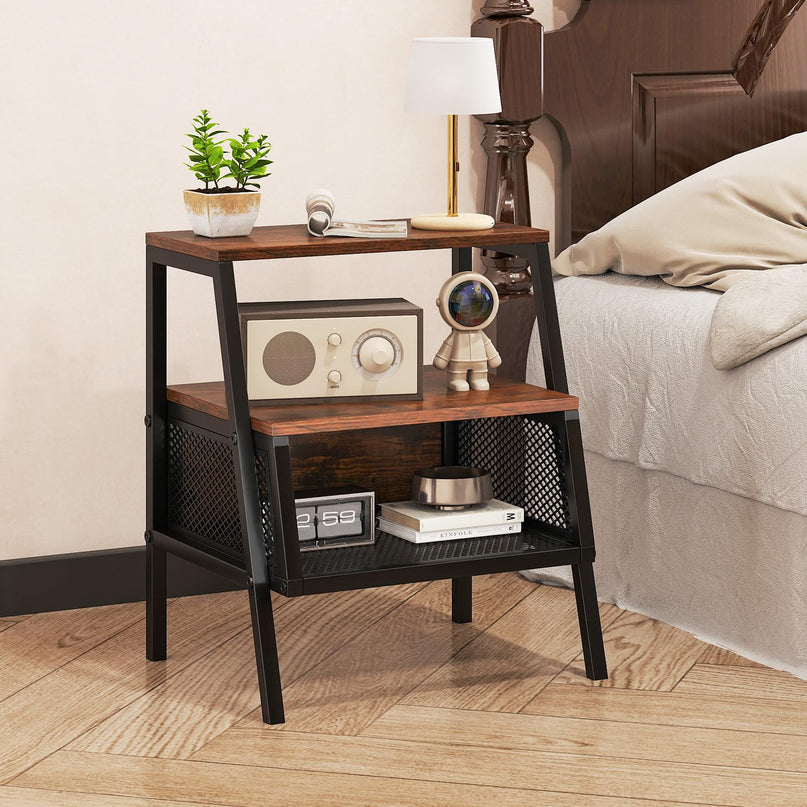 Giantex Industrial Nightstand w/Sturdy Trapezoidal Metal Frame