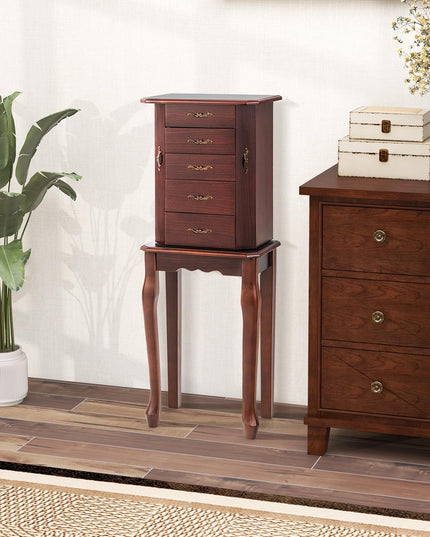 CHARMAID Standing Jewelry Organizer Cabinet with 4 Drawers, Top Storage Tray with Ring Slots, 2 Side Doors
