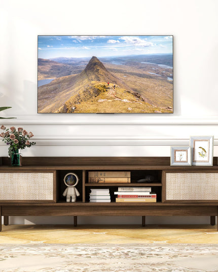 Giantex TV Stand for 65” TV, Entertainment Center with Woven Doors, Sliding Door, Adjustable Shelf & Compartment