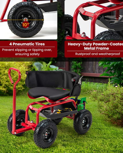 Giantex Rolling Garden Cart, 360 Swivel Workseat with 4 Wheels, Removal Cushion & Tool Tray, Storage Basket