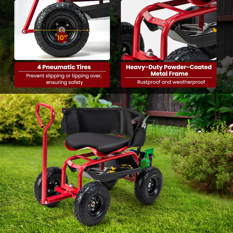 Giantex Rolling Garden Cart, 360 Swivel Workseat with 4 Wheels, Removal Cushion & Tool Tray, Storage Basket