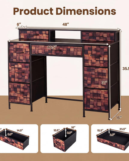 CHARMAID Industrial Vanity Desk with 9 Fabric Drawers & Top Storage Shelf