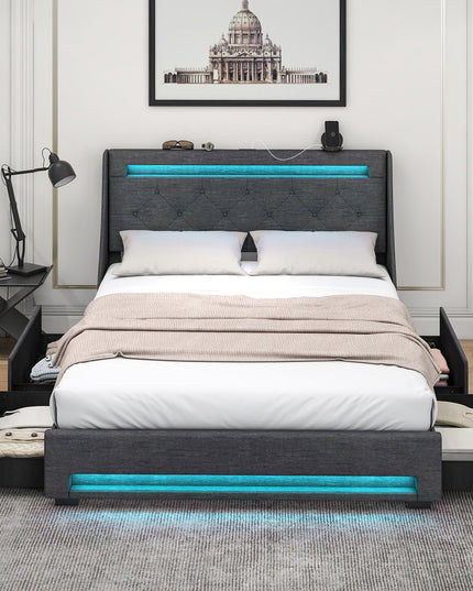 Giantex Bed Frame with LED Lights & Charging Station, Upholstered Platform Bed with Wingback Headboard