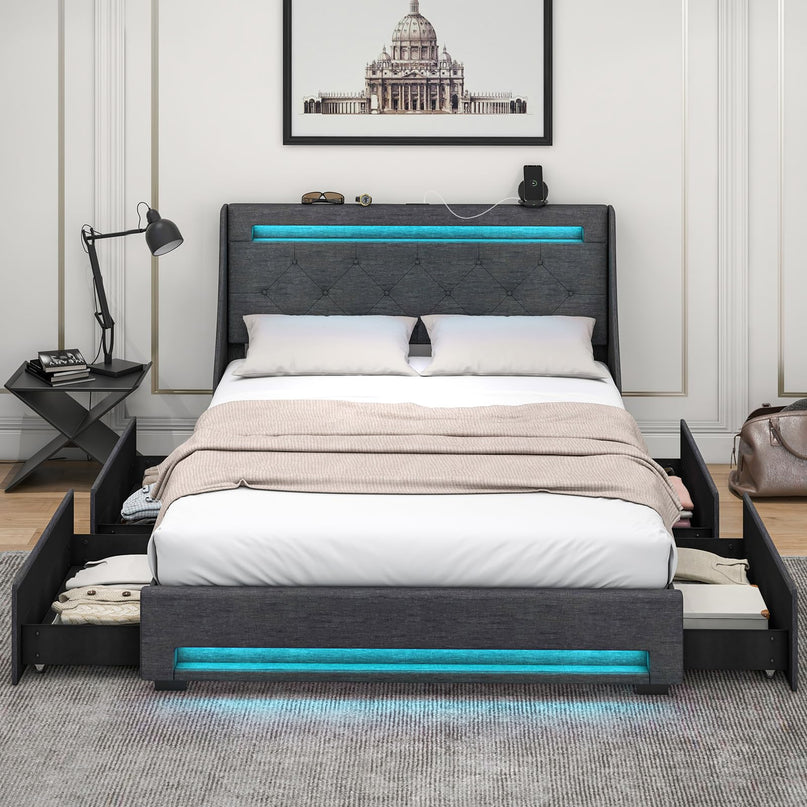 Giantex Bed Frame with LED Lights & Charging Station, Upholstered Platform Bed with Wingback Headboard