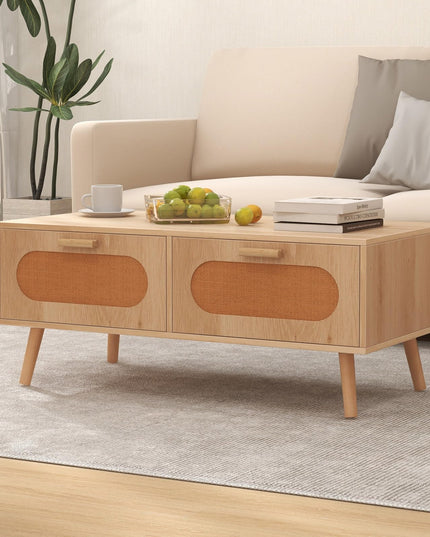 Giantex Rattan Coffee Table, Mid Century Modern Center Table with 2 Storage Drawers & Back Compartment