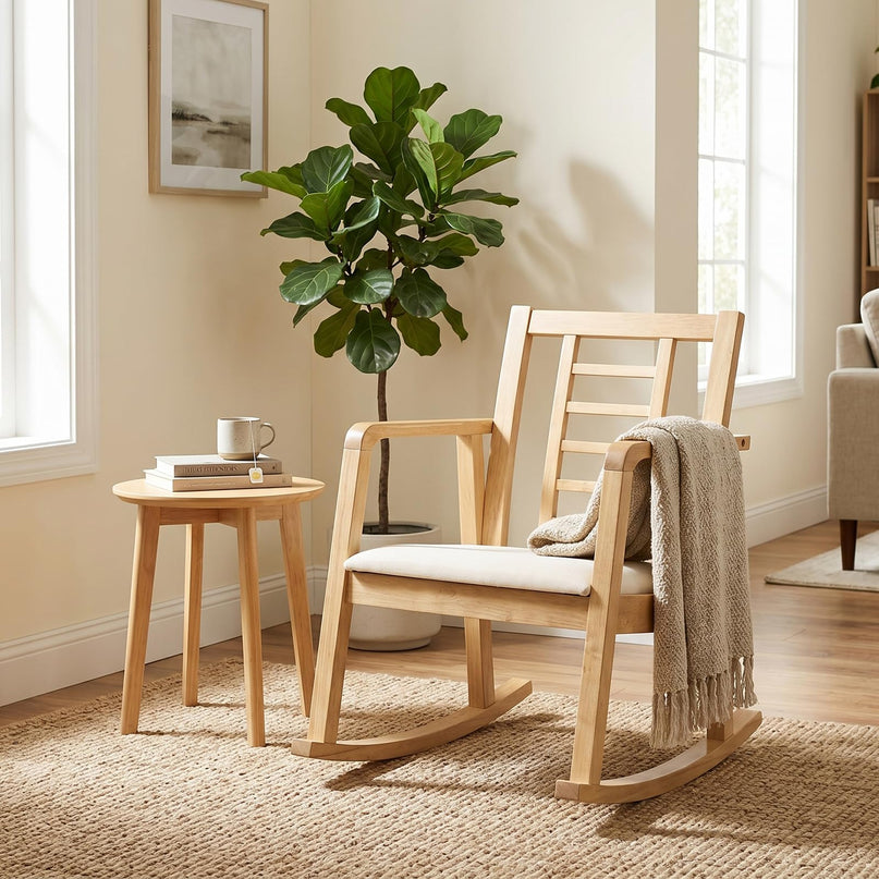 Giantex Solid Rubber Wooden Rocking Chair with Fabric Upholstered Seat (1/2)